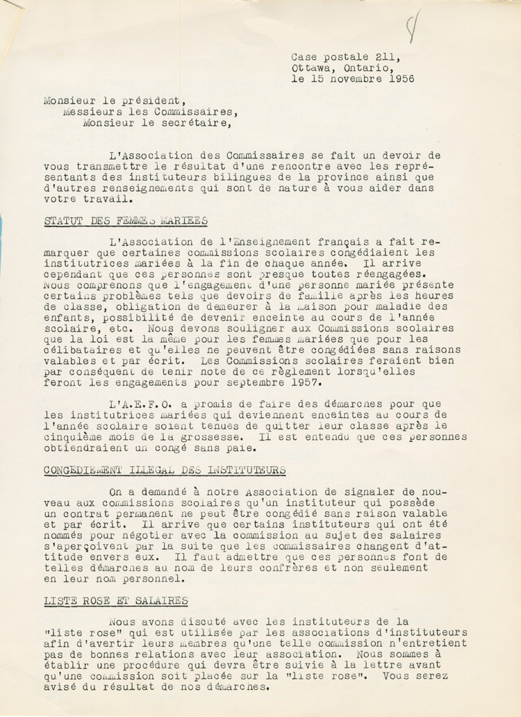 Reproduction de la premi&egrave;re page du premier num&eacute;ro du premier volume du Bulletin de l’Association des commissaires des &eacute;coles bilingues d’Ontario (ACEBO), 15 novembre 1956.