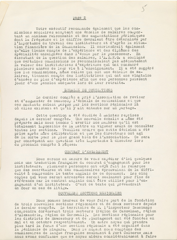 Reproduction de la deuxi&egrave;me page du premier num&eacute;ro du premier volume du Bulletin de l’Association des commissaires des &eacute;coles bilingues d’Ontario (ACEBO), 15 novembre 1956.
