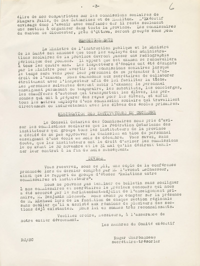 Reproduction de la troisi&egrave;me page du premier num&eacute;ro du premier volume du Bulletin de l’Association des commissaires des &eacute;coles bilingues d’Ontario (ACEBO), 15 novembre 1956.