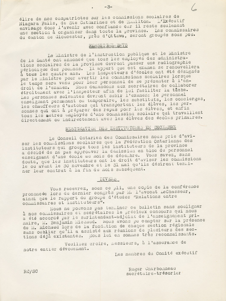 Reproduction de la troisi&egrave;me page du premier num&eacute;ro du premier volume du Bulletin de l’Association des commissaires des &eacute;coles bilingues d’Ontario (ACEBO), 15 novembre 1956.