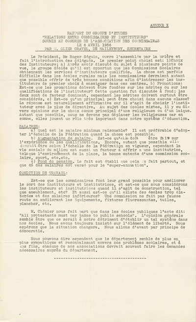 Reproduction de la premi&egrave;re page du Rapport du groupe d’&eacute;tudes sur les relations entre les commissaires et les instituteurs soumis au congr&egrave;s de l’Association des commissaires des &eacute;coles bilingues de l’Ontario (ACEBO), le 6 avril 1956, par Olivier Gravel, de Haileybury (Ontario), et paru en annexe au premier num&eacute;ro du premier volume du Bulletin de l’Association des commissaires des &eacute;coles bilingues d’Ontario, 15 novembre 1956.