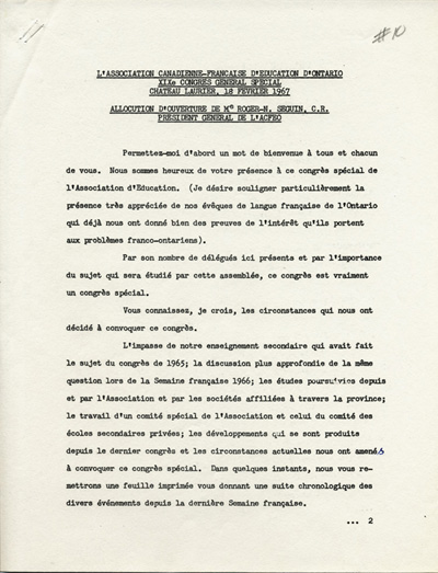 Reproduction de la premi&egrave;re page de l’allocution d’ouverture de Roger-N. S&eacute;guin, pr&eacute;sident g&eacute;n&eacute;ral de l’Association canadienne-fran&ccedil;aise d’&eacute;ducation d’Ontario (ACFEO) lors du dix-neuvi&egrave;me congr&egrave;s g&eacute;n&eacute;ral sp&eacute;cial de l’ACFEO, le 18 f&eacute;vrier 1967, 1967.