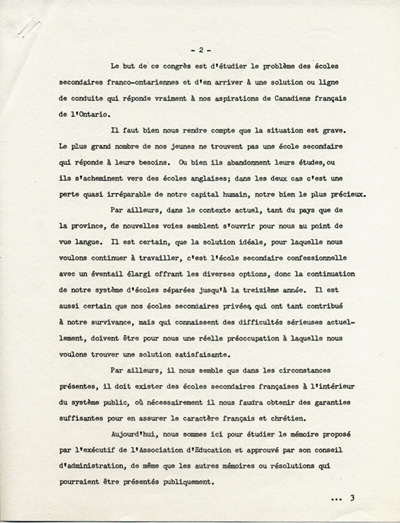 Reproduction de la deuxi&egrave;me page de l’allocution d’ouverture de Roger-N. S&eacute;guin, pr&eacute;sident g&eacute;n&eacute;ral de l’Association canadienne-fran&ccedil;aise d’&eacute;ducation d’Ontario (ACFEO) lors du dix-neuvi&egrave;me congr&egrave;s g&eacute;n&eacute;ral sp&eacute;cial de l’ACFEO, le 18 f&eacute;vrier 1967, 1967.