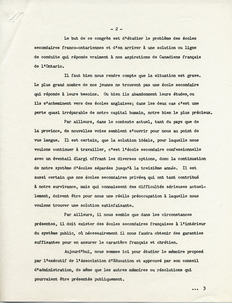 Reproduction de la deuxi&egrave;me page de l’allocution d’ouverture de Roger-N. S&eacute;guin, pr&eacute;sident g&eacute;n&eacute;ral de l’Association canadienne-fran&ccedil;aise d’&eacute;ducation d’Ontario (ACFEO) lors du dix-neuvi&egrave;me congr&egrave;s g&eacute;n&eacute;ral sp&eacute;cial de l’ACFEO, le 18 f&eacute;vrier 1967, 1967.