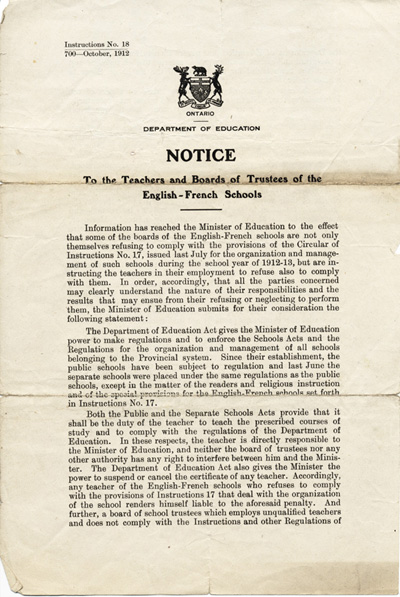Reproduction de la premi&egrave;re page de Notice: To the Teachers and Boards of Trustees of the English-French School (Circular of Instructions, no 18) par le Ontario Departement of Education, 8 octobre 1912. 