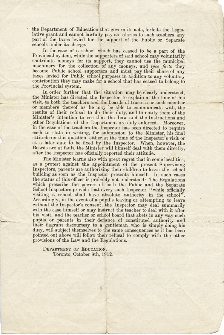Reproduction de la deuxi&egrave;me page de Notice: To the Teachers and Boards of Trustees of the English-French School (Circular of Instructions, no 18) par le Ontario Departement of Education, 8 octobre 1912. 
