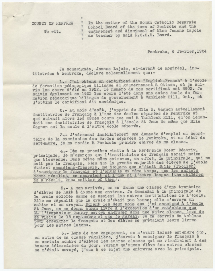 Reproduction de la premi&egrave;re page d’une d&eacute;claration du t&eacute;moin Jeanne Lajoie dans une cause du Conseil des &eacute;coles catholiques romaines s&eacute;par&eacute;es de Pembrooke (Ontario) au sujet de l’embauche et du cong&eacute;diement de Jeanne Lajoie, 26 f&eacute;vrier 1924. 