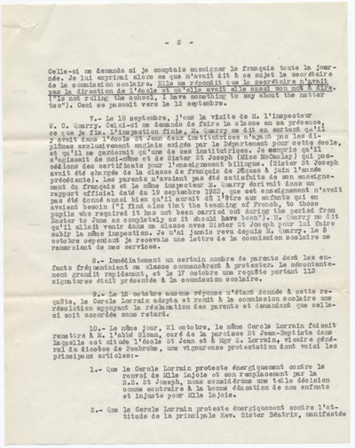 Reproduction de la deuxi&egrave;me page d’une d&eacute;claration du t&eacute;moin Jeanne Lajoie dans une cause du Conseil des &eacute;coles catholiques romaines s&eacute;par&eacute;es de Pembrooke (Ontario) au sujet de l’embauche et du cong&eacute;diement de Jeanne Lajoie, 26 f&eacute;vrier 1924. 