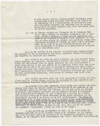 Reproduction de la troisi&egrave;me page d’une d&eacute;claration du t&eacute;moin Jeanne Lajoie dans une cause du Conseil des &eacute;coles catholiques romaines s&eacute;par&eacute;es de Pembrooke (Ontario) au sujet de l’embauche et du cong&eacute;diement de Jeanne Lajoie, 26 f&eacute;vrier 1924. 