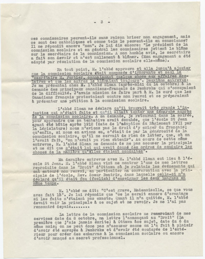 Reproduction de la quatri&egrave;me page d’une d&eacute;claration du t&eacute;moin Jeanne Lajoie dans une cause du Conseil des &eacute;coles catholiques romaines s&eacute;par&eacute;es de Pembrooke (Ontario) au sujet de l’embauche et du cong&eacute;diement de Jeanne Lajoie, 26 f&eacute;vrier 1924. 
