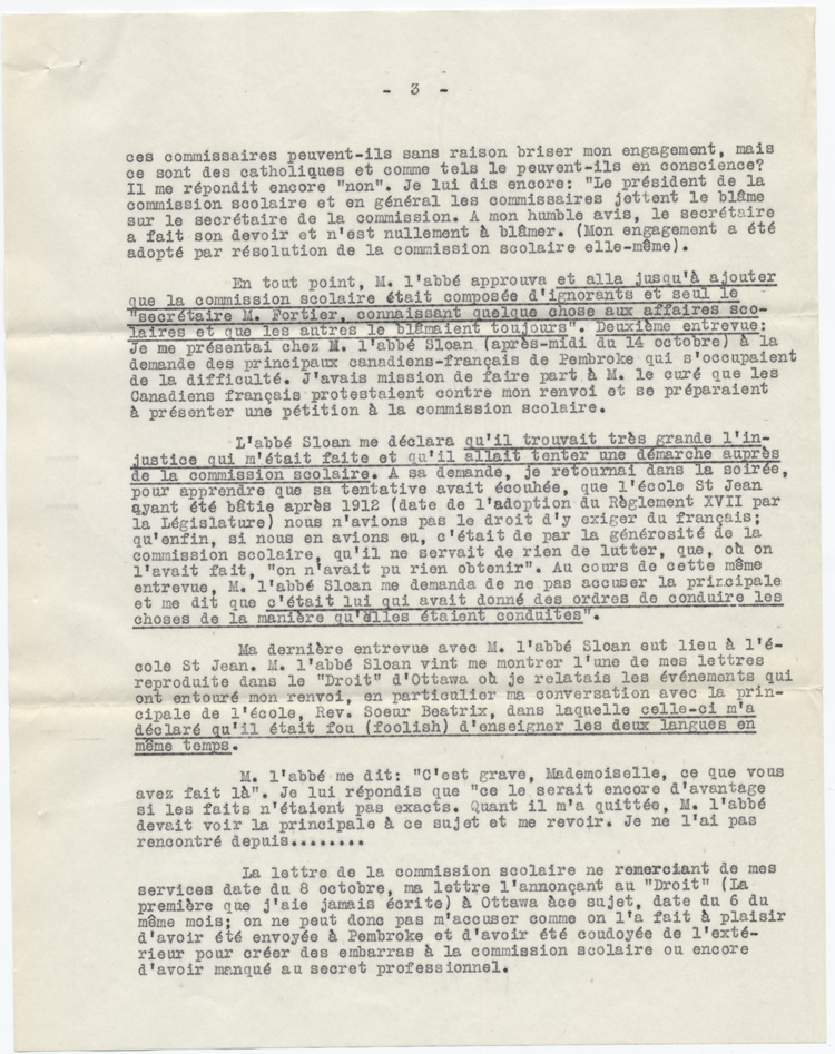 Reproduction de la quatri&egrave;me page d’une d&eacute;claration du t&eacute;moin Jeanne Lajoie dans une cause du Conseil des &eacute;coles catholiques romaines s&eacute;par&eacute;es de Pembrooke (Ontario) au sujet de l’embauche et du cong&eacute;diement de Jeanne Lajoie, 26 f&eacute;vrier 1924. 