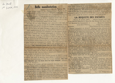 Reproduction des articles parus &agrave; la premi&egrave;re page du journal Le Droit et intitul&eacute;s Belle manifestation et La requ&ecirc;te des &eacute;l&egrave;ves des &eacute;coles canadiennes-fran&ccedil;aises d’Ottawa, 1er f&eacute;vrier 1916.