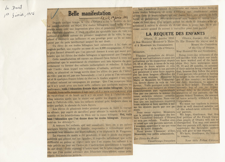 Reproduction des articles parus &agrave; la premi&egrave;re page du journal Le Droit et intitul&eacute;s Belle manifestation et La requ&ecirc;te des &eacute;l&egrave;ves des &eacute;coles canadiennes-fran&ccedil;aises d’Ottawa, 1er f&eacute;vrier 1916.