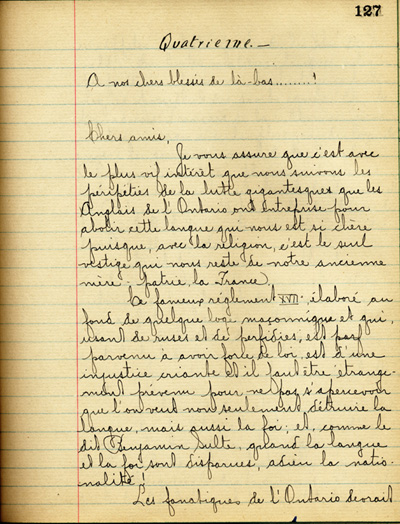 Reproduction de la cent vingt-septi&egrave;me page de &Agrave; nos petits fr&egrave;res de l’Ontario par les &eacute;l&egrave;ves du Coll&egrave;ge de L&eacute;vis (Qu&eacute;bec), comprenant un texte de R. Monette, 1916.