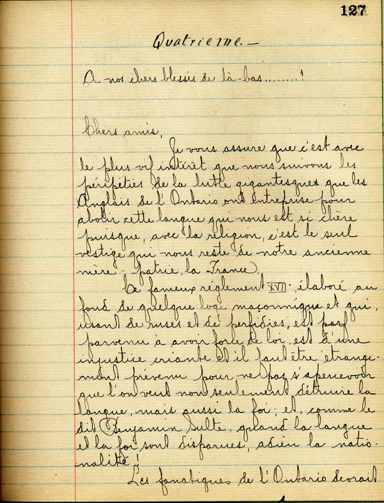 Reproduction de la cent vingt-septi&egrave;me page de &Agrave; nos petits fr&egrave;res de l’Ontario par les &eacute;l&egrave;ves du Coll&egrave;ge de L&eacute;vis (Qu&eacute;bec), comprenant un texte de R. Monette, 1916.