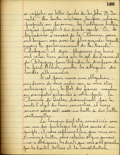 Reproduction de la cent vingt-neuvi&egrave;me page de &Agrave; nos petits fr&egrave;res de l’Ontario par les &eacute;l&egrave;ves du Coll&egrave;ge de L&eacute;vis (Qu&eacute;bec), comprenant un texte de R. Monette, 1916.