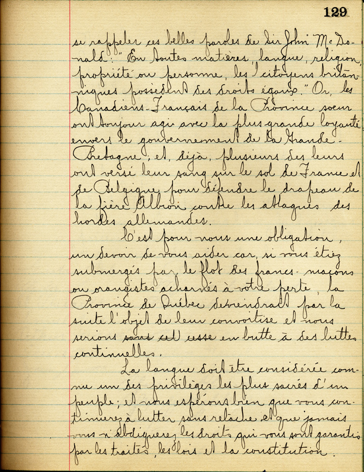 Reproduction de la cent vingt-neuvi&egrave;me page de &Agrave; nos petits fr&egrave;res de l’Ontario par les &eacute;l&egrave;ves du Coll&egrave;ge de L&eacute;vis (Qu&eacute;bec), comprenant un texte de R. Monette, 1916.