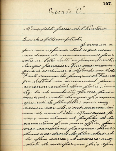 Reproduction de la cent cinquante-septi&egrave;me page de &Agrave; nos petits fr&egrave;res de l’Ontario par les &eacute;l&egrave;ves du Coll&egrave;ge de L&eacute;vis (Qu&eacute;bec), comprenant un texte de Lionel Houde, 1916. 