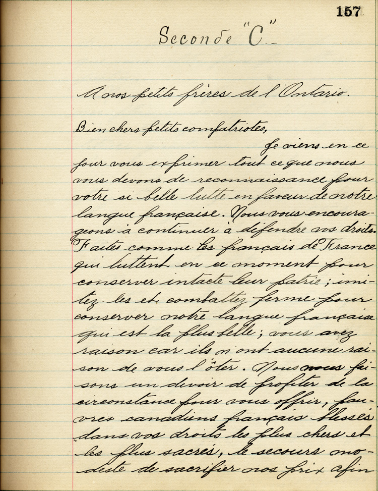 Reproduction de la cent cinquante-septi&egrave;me page de &Agrave; nos petits fr&egrave;res de l’Ontario par les &eacute;l&egrave;ves du Coll&egrave;ge de L&eacute;vis (Qu&eacute;bec), comprenant un texte de Lionel Houde, 1916. 