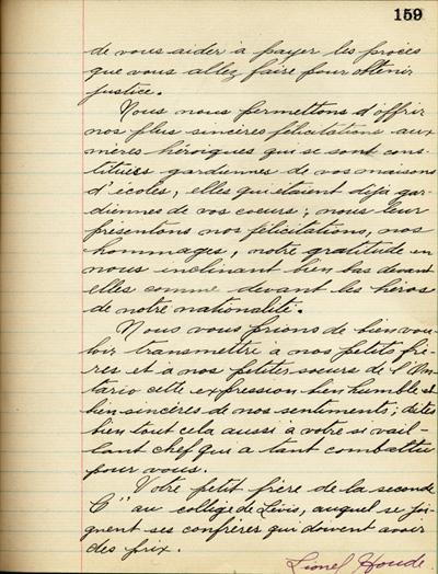 Reproduction de la cent cinquante-neuvi&egrave;me page de &Agrave; nos petits fr&egrave;res de l’Ontario par les &eacute;l&egrave;ves du Coll&egrave;ge de L&eacute;vis (Qu&eacute;bec), comprenant un texte de Lionel Houde, 1916.
