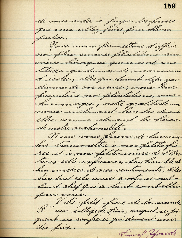 Reproduction de la cent cinquante-neuvième page de À nos petits frères de l’Ontario par les élèves du Collège de Lévis (Québec), comprenant un texte de Lionel Houde, 1916.