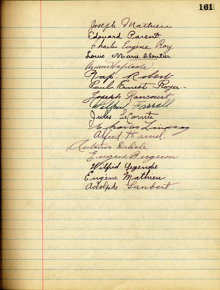 Reproduction de la cent soixante et uni&egrave;me page de &Agrave; nos petits fr&egrave;res de l’Ontario par les &eacute;l&egrave;ves du Coll&egrave;ge de L&eacute;vis (Qu&eacute;bec), comprenant un texte de Lionel Houde, 1916.