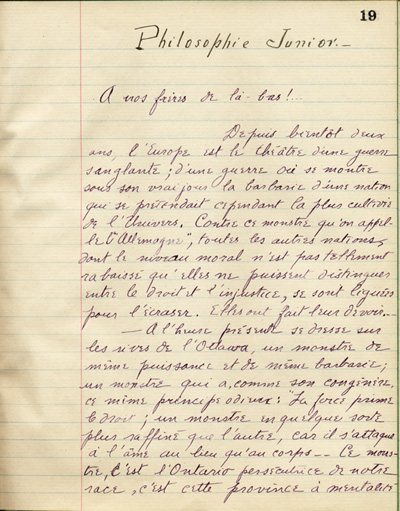 Reproduction de la dix-neuvi&egrave;me page de &Agrave; nos petits fr&egrave;res de l’Ontario par les &eacute;l&egrave;ves du Coll&egrave;ge de L&eacute;vis (Qu&eacute;bec), comprenant un texte de G&eacute;rard Tremblay, 1916.