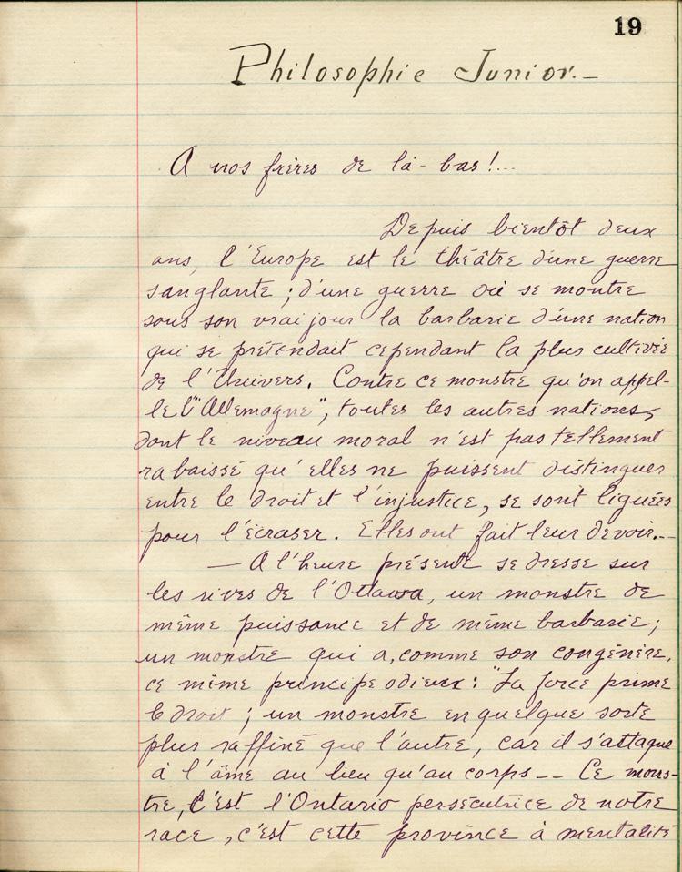 Reproduction de la dix-neuvi&egrave;me page de &Agrave; nos petits fr&egrave;res de l’Ontario par les &eacute;l&egrave;ves du Coll&egrave;ge de L&eacute;vis (Qu&eacute;bec), comprenant un texte de G&eacute;rard Tremblay, 1916.