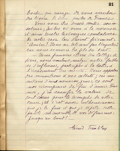 Reproduction de la vingt et uni&egrave;me page de &Agrave; nos petits fr&egrave;res de l’Ontario par les &eacute;l&egrave;ves du Coll&egrave;ge de L&eacute;vis (Qu&eacute;bec), comprenant un texte de G&eacute;rard Tremblay, 1916.