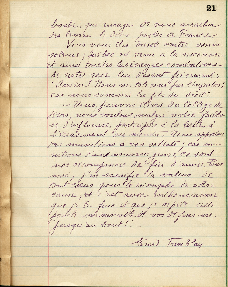 Reproduction de la vingt et uni&egrave;me page de &Agrave; nos petits fr&egrave;res de l’Ontario par les &eacute;l&egrave;ves du Coll&egrave;ge de L&eacute;vis (Qu&eacute;bec), comprenant un texte de G&eacute;rard Tremblay, 1916.