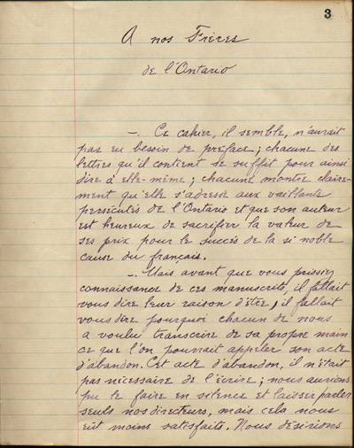 Reproduction de la troisi&egrave;me page de &Agrave; nos petits fr&egrave;res de l’Ontario par les &eacute;l&egrave;ves du Coll&egrave;ge de L&eacute;vis (Qu&eacute;bec), comprenant la pr&eacute;face de G&eacute;rard Tremblay intitul&eacute; &Agrave; nos fr&egrave;res de l’Ontario, 1916.