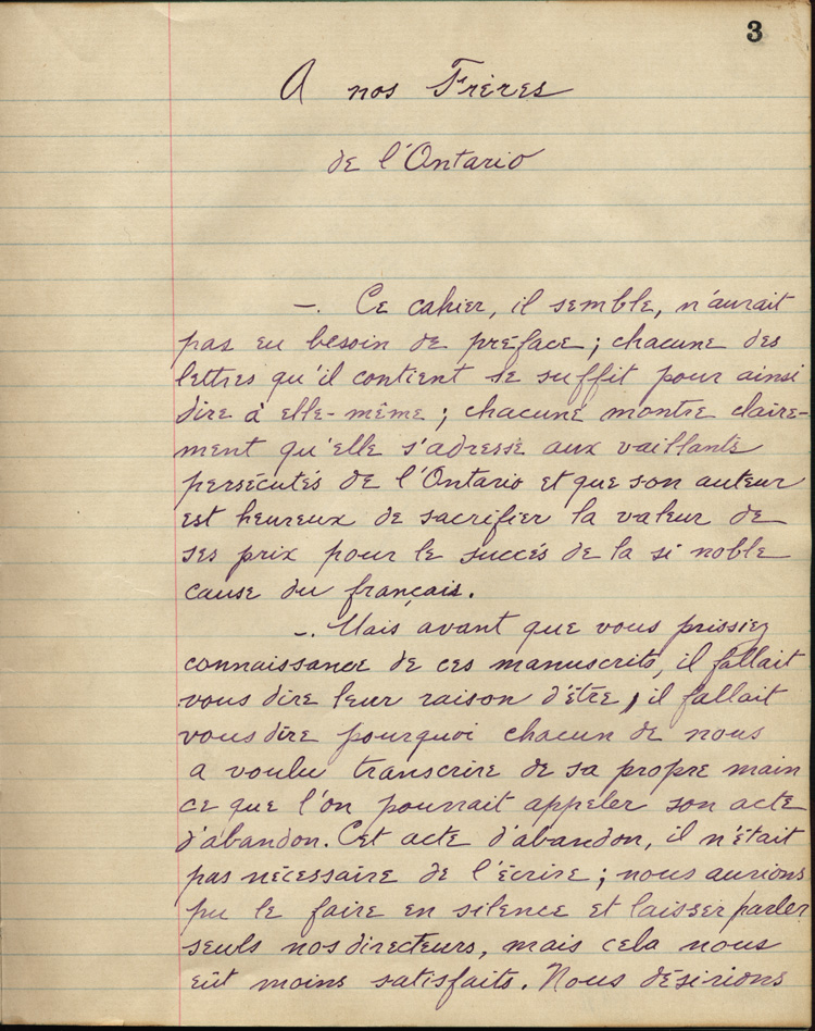Reproduction de la troisi&egrave;me page de &Agrave; nos petits fr&egrave;res de l’Ontario par les &eacute;l&egrave;ves du Coll&egrave;ge de L&eacute;vis (Qu&eacute;bec), comprenant la pr&eacute;face de G&eacute;rard Tremblay intitul&eacute; &Agrave; nos fr&egrave;res de l’Ontario, 1916.