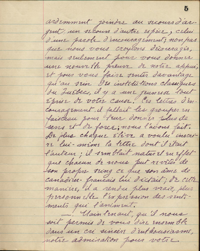 Reproduction de la cinqui&egrave;me page de &Agrave; nos petits fr&egrave;res de l’Ontario par les &eacute;l&egrave;ves du Coll&egrave;ge de L&eacute;vis (Qu&eacute;bec), comprenant la pr&eacute;face de G&eacute;rard Tremblay intitul&eacute; &Agrave; nos fr&egrave;res de l’Ontario, 1916.