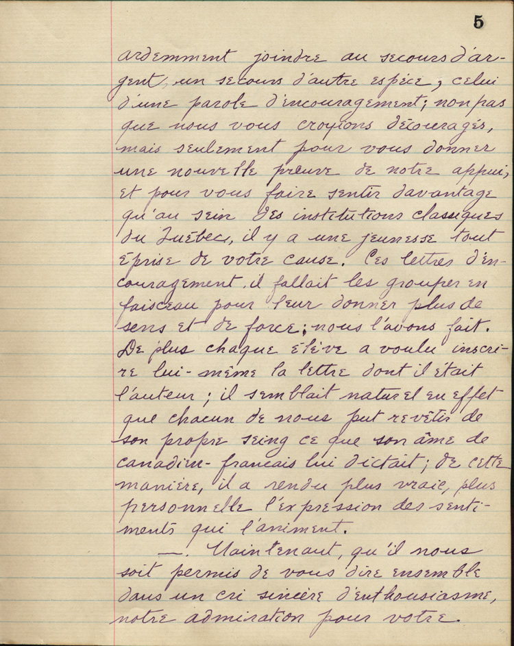 Reproduction de la cinquième page de À nos petits frères de l’Ontario par les élèves du Collège de Lévis (Québec), comprenant la préface de Gérard Tremblay intitulé À nos frères de l’Ontario, 1916.