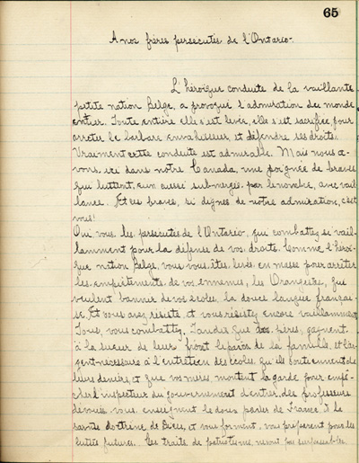 Reproduction de la soixante-cinqui&egrave;me page de &Agrave; nos petits fr&egrave;res de l’Ontario par les &eacute;l&egrave;ves du Coll&egrave;ge de L&eacute;vis (Qu&eacute;bec), comprenant un texte de J. Antoine B&eacute;langer, 1916.