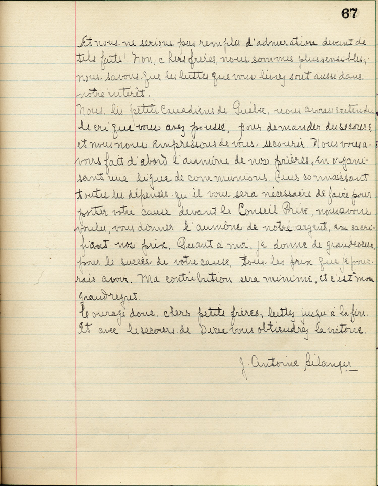 Reproduction de la soixante-septi&egrave;me page de &Agrave; nos petits fr&egrave;res de l’Ontario par les &eacute;l&egrave;ves du Coll&egrave;ge de L&eacute;vis (Qu&eacute;bec), comprenant un texte de J. Antoine B&eacute;langer, 1916.