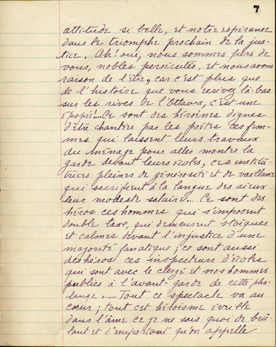 Reproduction de la septi&egrave;me page de &Agrave; nos petits fr&egrave;res de l’Ontario par les &eacute;l&egrave;ves du Coll&egrave;ge de L&eacute;vis (Qu&eacute;bec), comprenant la pr&eacute;face de G&eacute;rard Tremblay intitul&eacute; &Agrave; nos fr&egrave;res de l’Ontario, 1916.