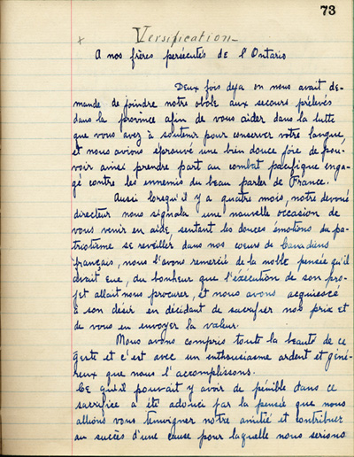 Reproduction de la soixante-treizi&egrave;me page de &Agrave; nos petits fr&egrave;res de l’Ontario par les &eacute;l&egrave;ves du Coll&egrave;ge de L&eacute;vis (Qu&eacute;bec), comprenant un texte de Marie-Louis Beaulieu, 1916.