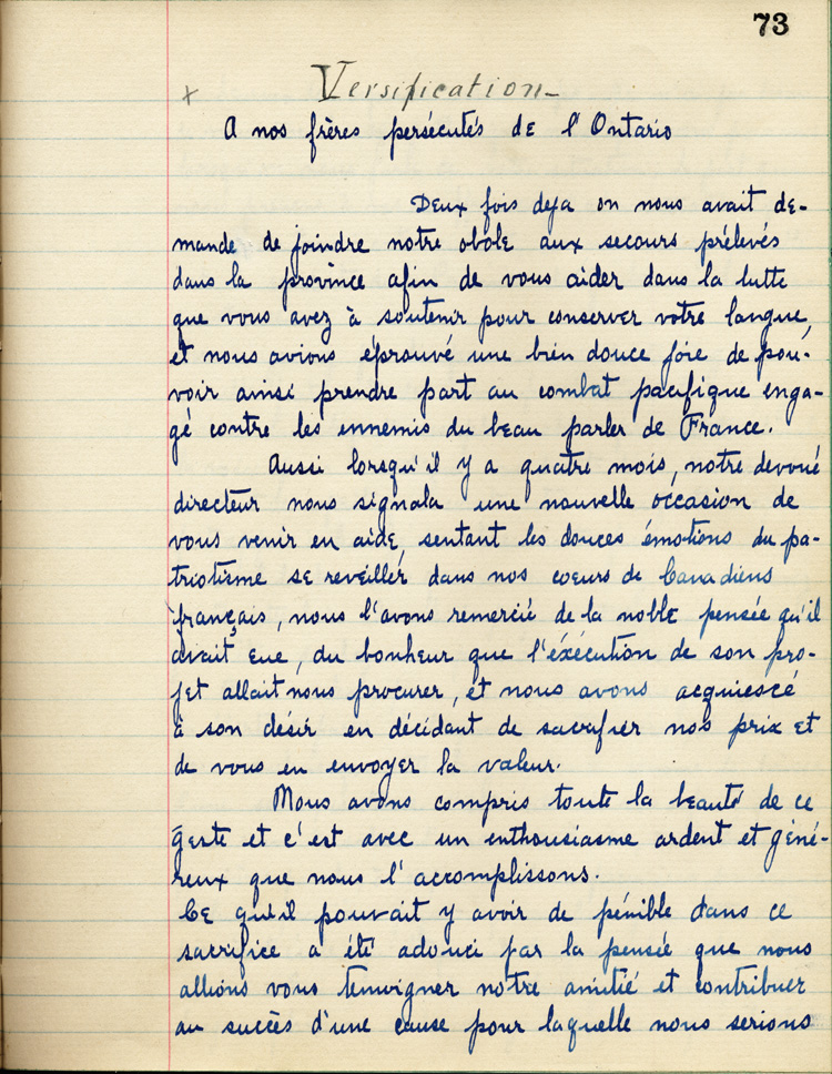 Reproduction de la soixante-treizi&egrave;me page de &Agrave; nos petits fr&egrave;res de l’Ontario par les &eacute;l&egrave;ves du Coll&egrave;ge de L&eacute;vis (Qu&eacute;bec), comprenant un texte de Marie-Louis Beaulieu, 1916.