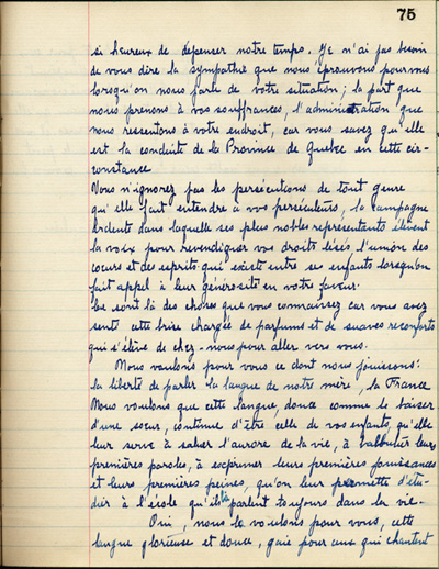 Reproduction de la soixante-quinzi&egrave;me page de &Agrave; nos petits fr&egrave;res de l’Ontario par les &eacute;l&egrave;ves du Coll&egrave;ge de L&eacute;vis (Qu&eacute;bec), comprenant un texte de Marie-Louis Beaulieu, 1916.