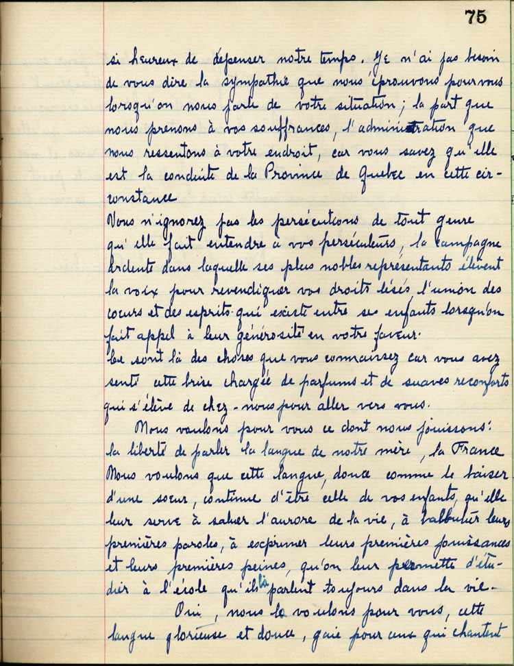 Reproduction de la soixante-quinzi&egrave;me page de &Agrave; nos petits fr&egrave;res de l’Ontario par les &eacute;l&egrave;ves du Coll&egrave;ge de L&eacute;vis (Qu&eacute;bec), comprenant un texte de Marie-Louis Beaulieu, 1916.