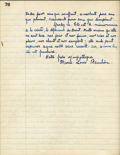 Reproduction de la soixante-seizi&egrave;me page de &Agrave; nos petits fr&egrave;res de l’Ontario par les &eacute;l&egrave;ves du Coll&egrave;ge de L&eacute;vis (Qu&eacute;bec), comprenant un texte de Marie-Louis Beaulieu, 1916.
