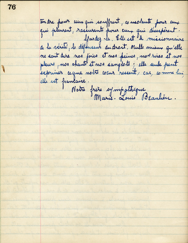 Reproduction de la soixante-seizième page de À nos petits frères de l’Ontario par les élèves du Collège de Lévis (Québec), comprenant un texte de Marie-Louis Beaulieu, 1916.