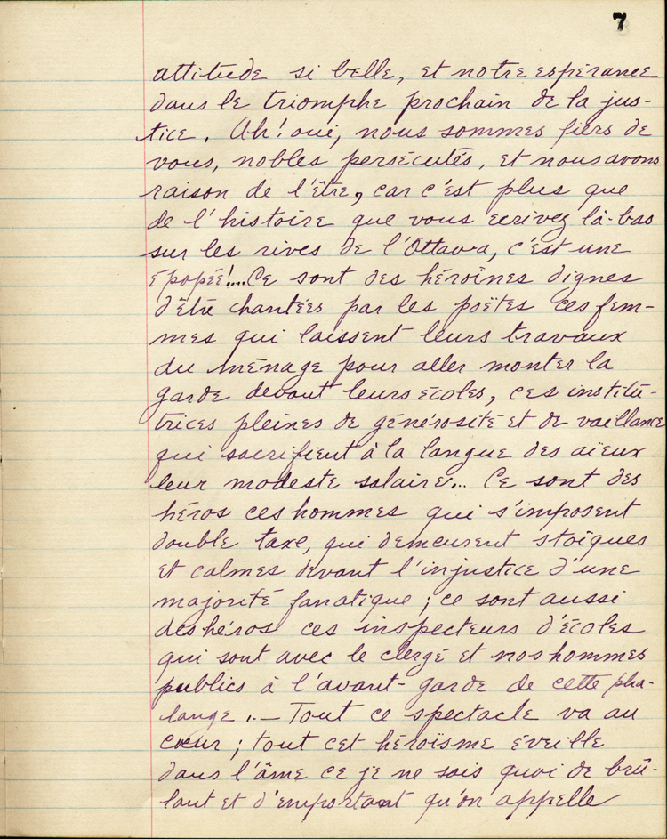 Reproduction de la septième page de À nos petits frères de l’Ontario par les élèves du Collège de Lévis (Québec), comprenant la préface de Gérard Tremblay intitulé À nos frères de l’Ontario, 1916.