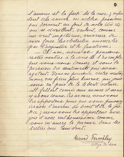 Reproduction de la neuvi&egrave;me page de &Agrave; nos petits fr&egrave;res de l’Ontario par les &eacute;l&egrave;ves du Coll&egrave;ge de L&eacute;vis (Qu&eacute;bec), comprenant la pr&eacute;face de G&eacute;rard Tremblay intitul&eacute; &Agrave; nos fr&egrave;res de l’Ontario, 1916.