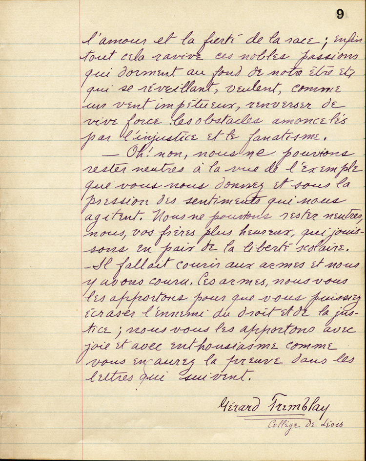 Reproduction de la neuvi&egrave;me page de &Agrave; nos petits fr&egrave;res de l’Ontario par les &eacute;l&egrave;ves du Coll&egrave;ge de L&eacute;vis (Qu&eacute;bec), comprenant la pr&eacute;face de G&eacute;rard Tremblay intitul&eacute; &Agrave; nos fr&egrave;res de l’Ontario, 1916.