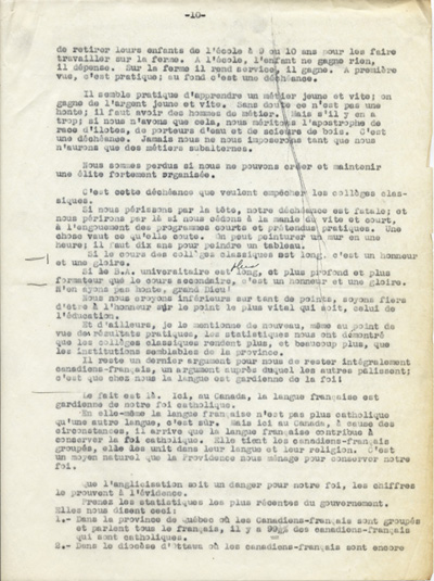 Reproduction de la dixi&egrave;me page du texte du discours de Guillaume Belcourt, s.j., prononc&eacute; au congr&egrave;s r&eacute;gional de l’Association canadienne-fran&ccedil;aise d’&eacute;ducation d’Ontario, &agrave; Sudbury (Ontario) en 1940, 1940.