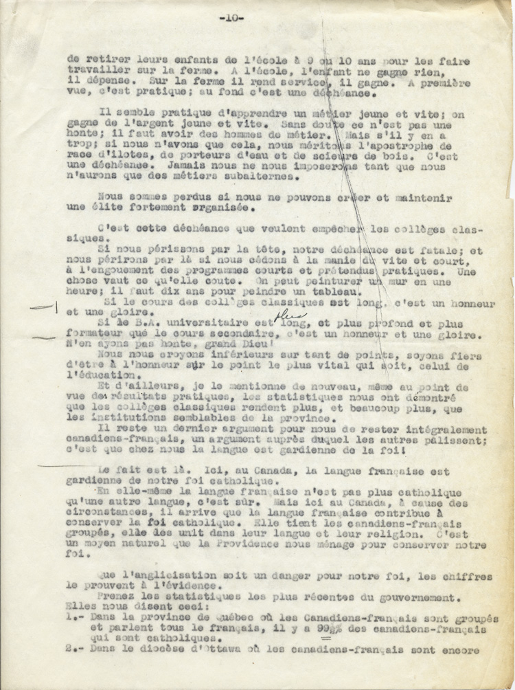 Reproduction de la dixième page du texte du discours de Guillaume Belcourt, s.j., prononcé au congrès régional de l’Association canadienne-française d’éducation d’Ontario, à Sudbury (Ontario) en 1940, 1940.