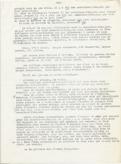 Reproduction de la onzi&egrave;me page du texte du discours de Guillaume Belcourt, s.j., prononc&eacute; au congr&egrave;s r&eacute;gional de l’Association canadienne-fran&ccedil;aise d’&eacute;ducation d’Ontario, &agrave; Sudbury (Ontario) en 1940, 1940.