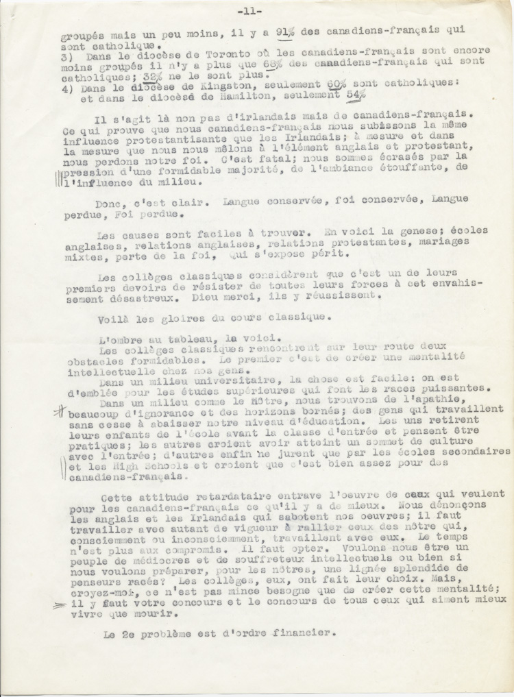 Reproduction de la onzi&egrave;me page du texte du discours de Guillaume Belcourt, s.j., prononc&eacute; au congr&egrave;s r&eacute;gional de l’Association canadienne-fran&ccedil;aise d’&eacute;ducation d’Ontario, &agrave; Sudbury (Ontario) en 1940, 1940.